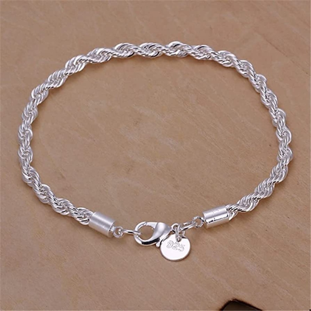 New S925 Sterling Silver Hallmarked Solid Silver 4mm Twisted Rope Chain Bracelet - Picture 2 of 14